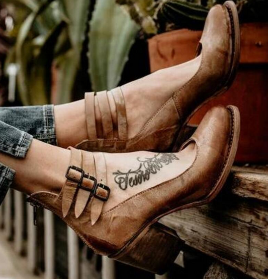 Vegan Leather Vintage Heels With Buckles