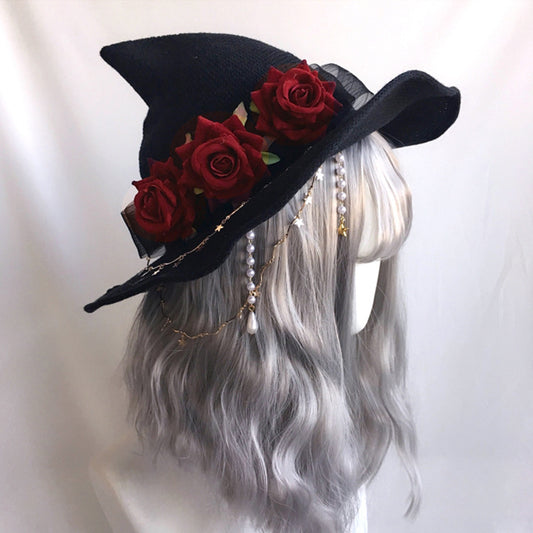 A Rose-Adorned Enchantress: Witch Hat with Beads and Blooms