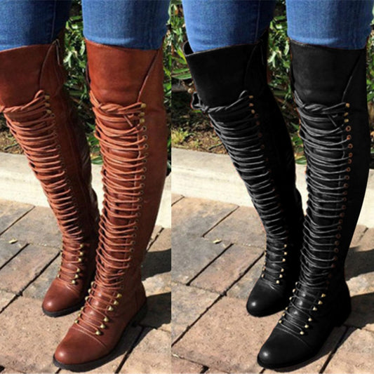 Thigh High Vegan Leather Lace up Knight Boots