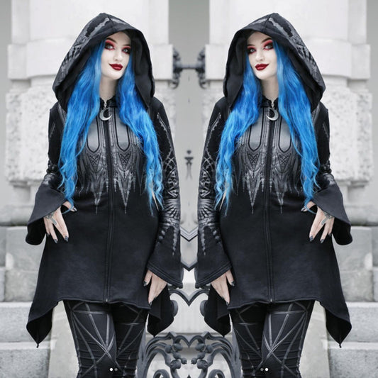 Gothic Style Large Hooded Zip up Long Sweater