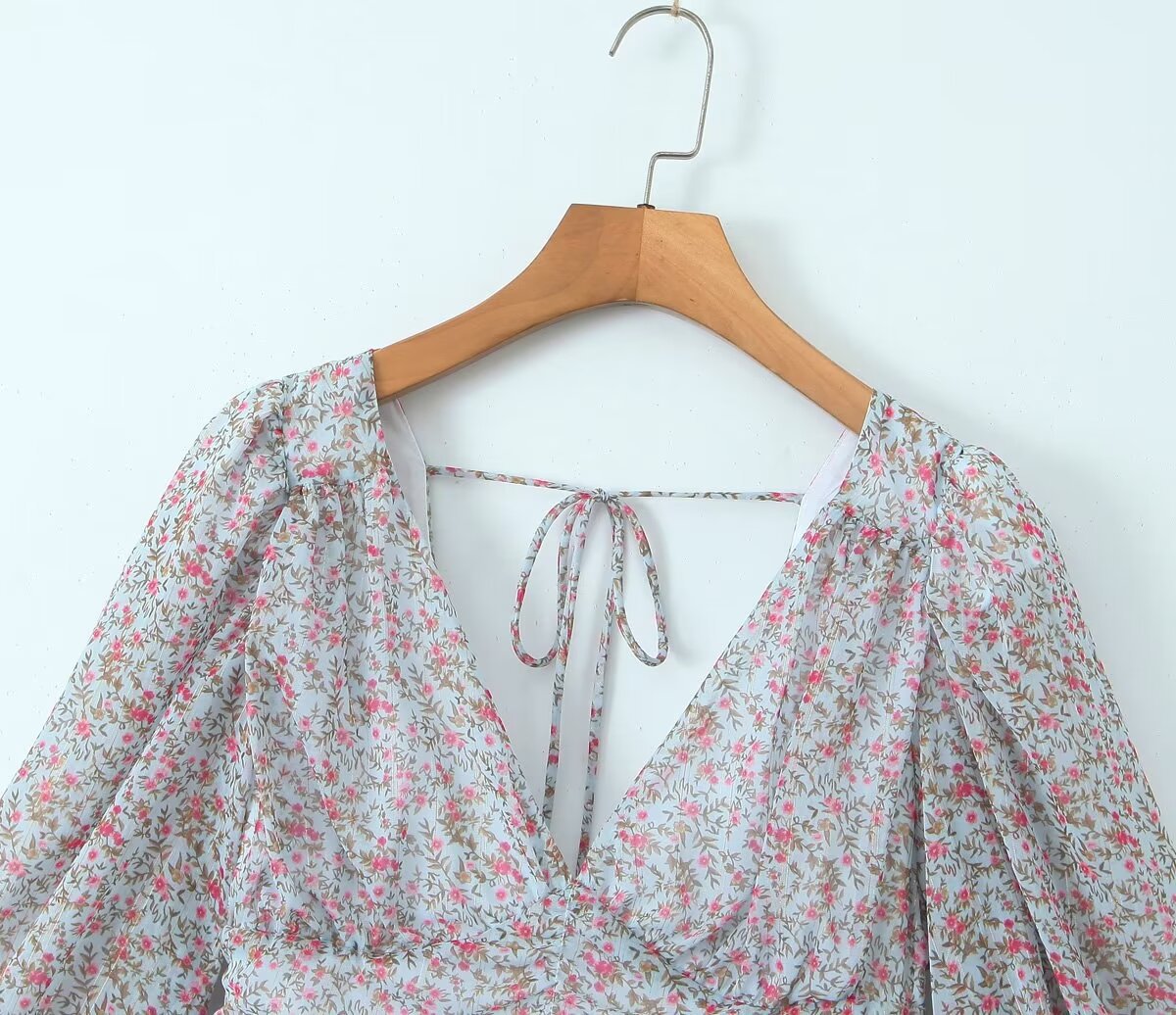 V-Neck Backless Floral Flowy Short Dress