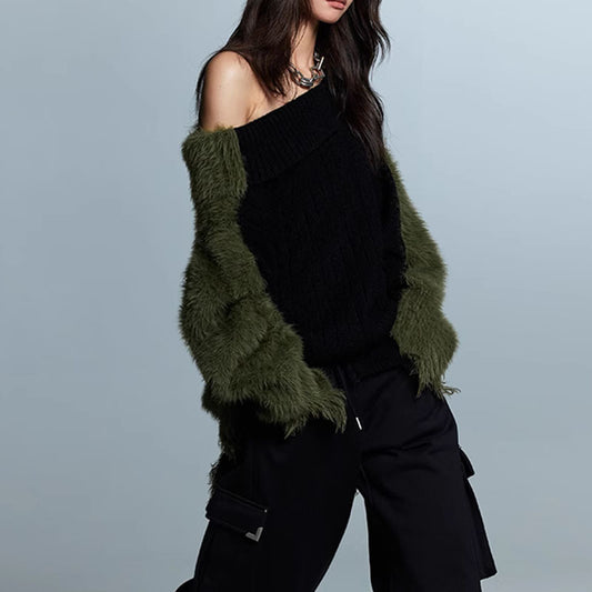 Black And Green Furry Pullover Sweater
